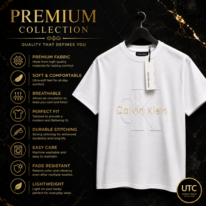 🤍 Calvin Klein Men's Premium Embossed Logo T-Shirt | White Cotton Crew Neck