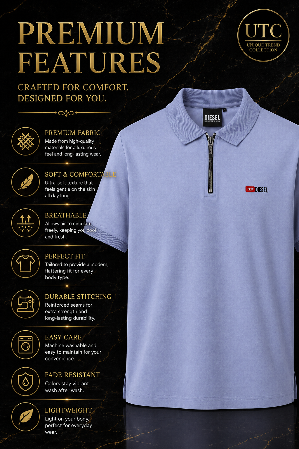 Diesel Men's Premium Light Blue Zip Polo Shirt | Soft Cotton Short Sleeve Casual Polo
