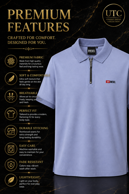 Diesel Men's Premium Light Blue Zip Polo Shirt | Soft Cotton Short Sleeve Casual Polo