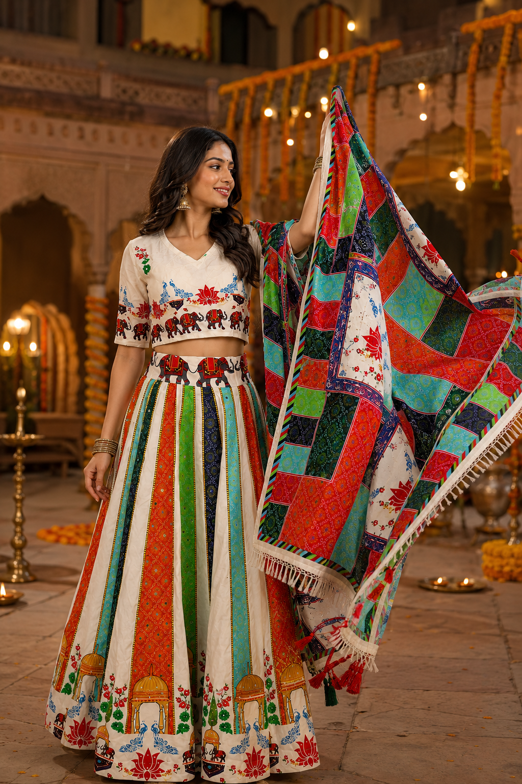 Women’s White Multicolour Navratri Garba Chaniya Choli Set – 3 Piece