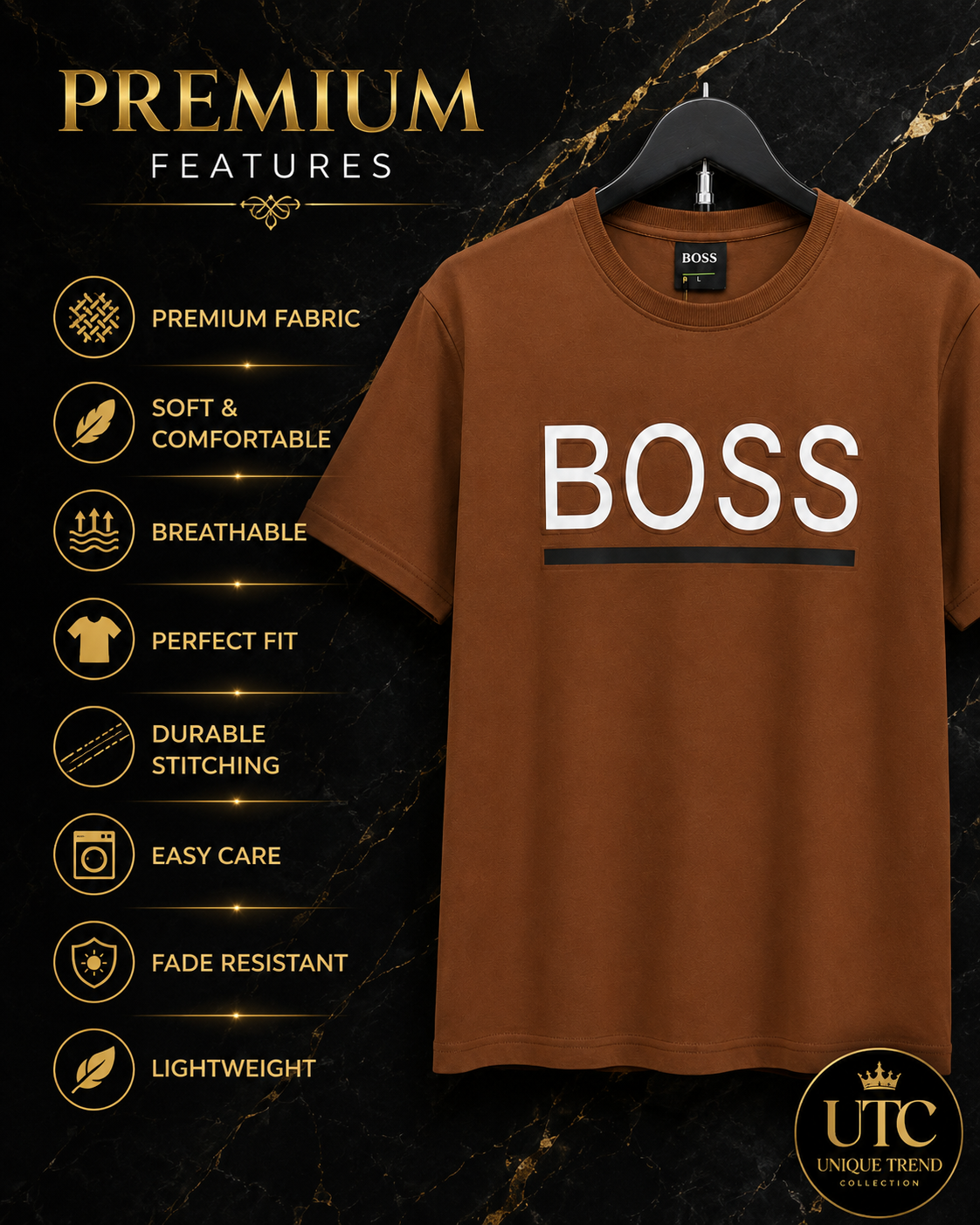BOSS Men’s Brown Logo T-Shirt | Premium Short Sleeve Crew Neck Tee