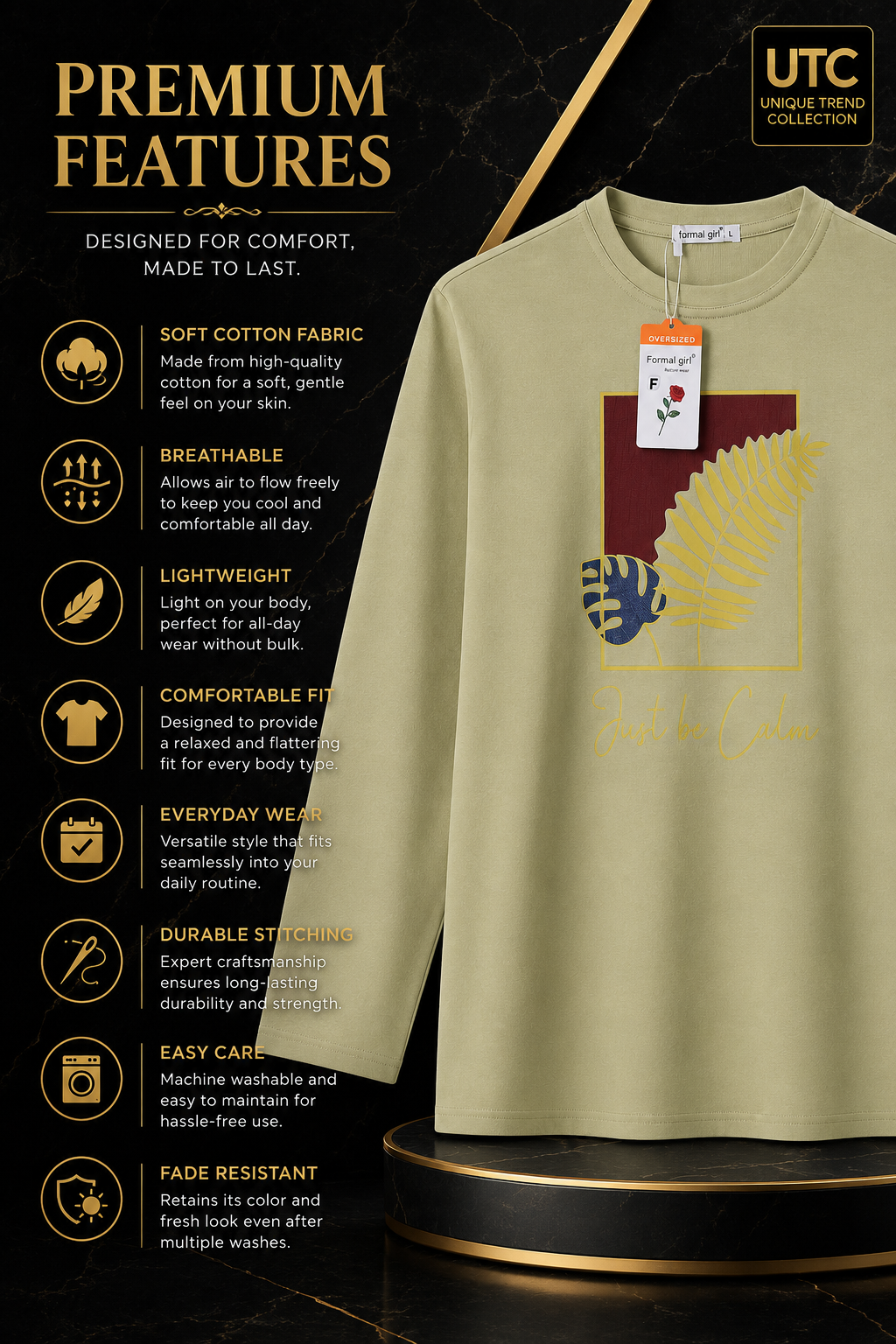 Formal Girl Women’s Oversized Sage Green Long Sleeve Graphic T-Shirt – Just Be Calm