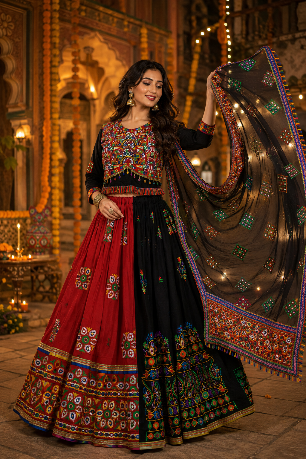Women’s Red & Black Multicolour Navratri Garba Chaniya Choli Set – 3 Piece