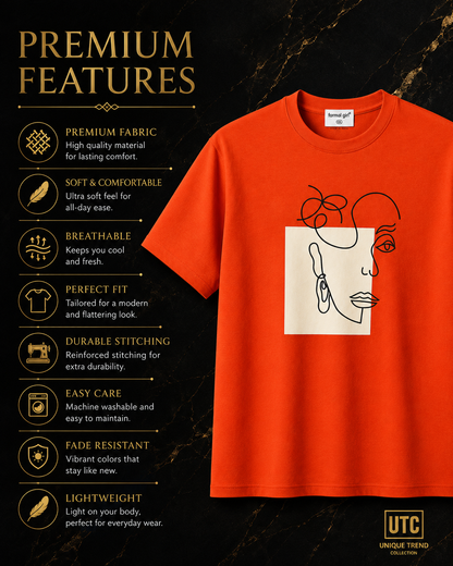 Formal Girl Women’s Orange Graphic T-Shirt – Abstract Face Print Crew Neck Tee