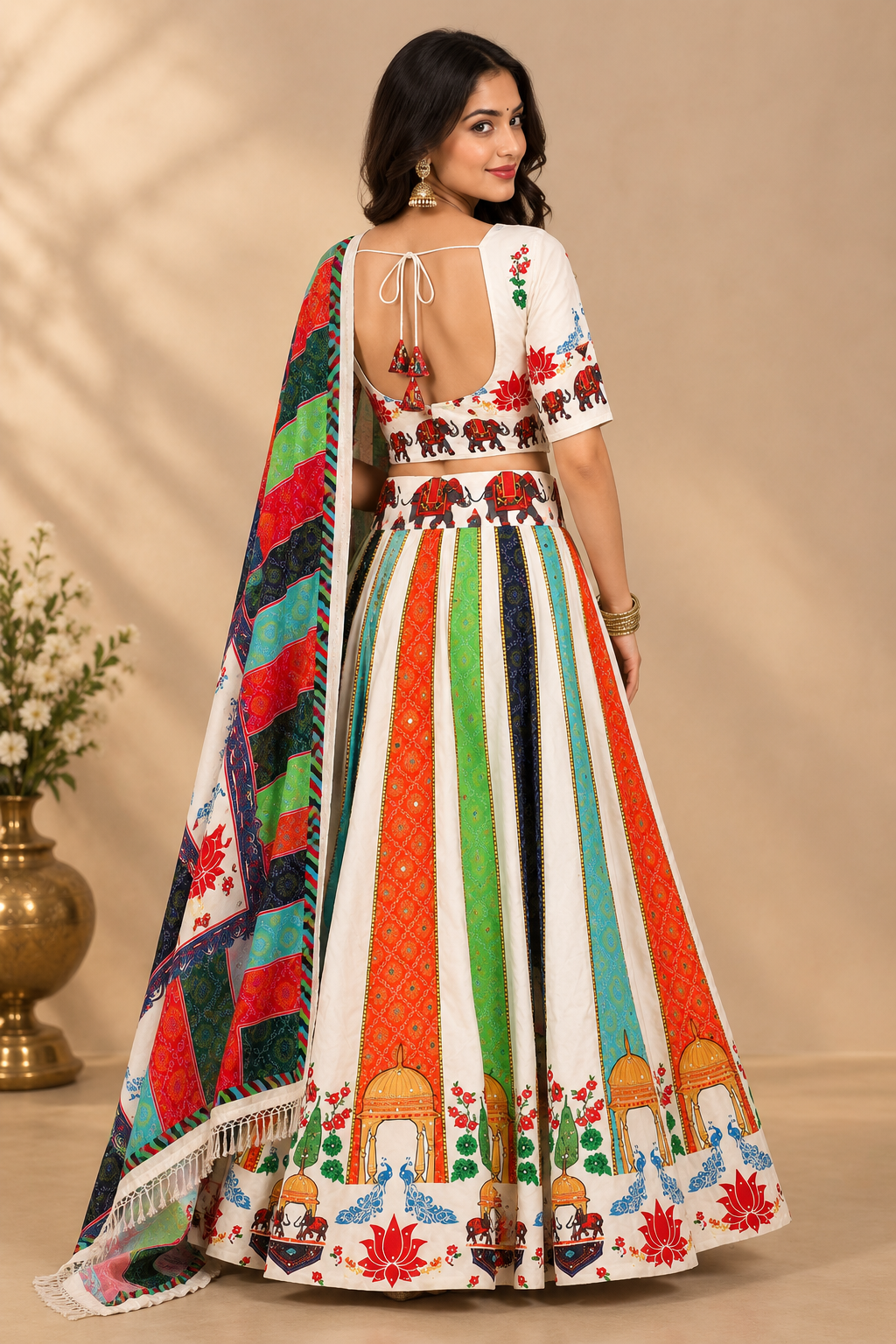 Women’s White Multicolour Navratri Garba Chaniya Choli Set – 3 Piece
