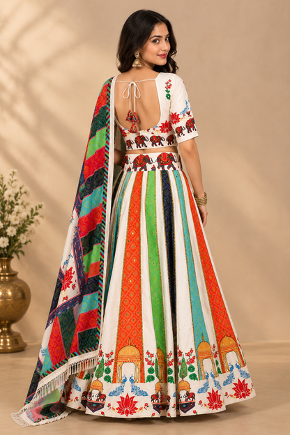 Women’s White Multicolour Navratri Garba Chaniya Choli Set – 3 Piece