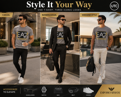 EA7 Emporio Armani Men's Premium Graphic T-Shirt | Grey Crew Neck Cotton Tee