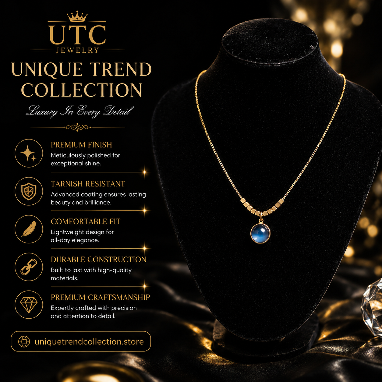 💙✨ Blue Moonstone Gold Pendant Necklace for Women | Elegant Minimalist Necklace | UTC Jewelry