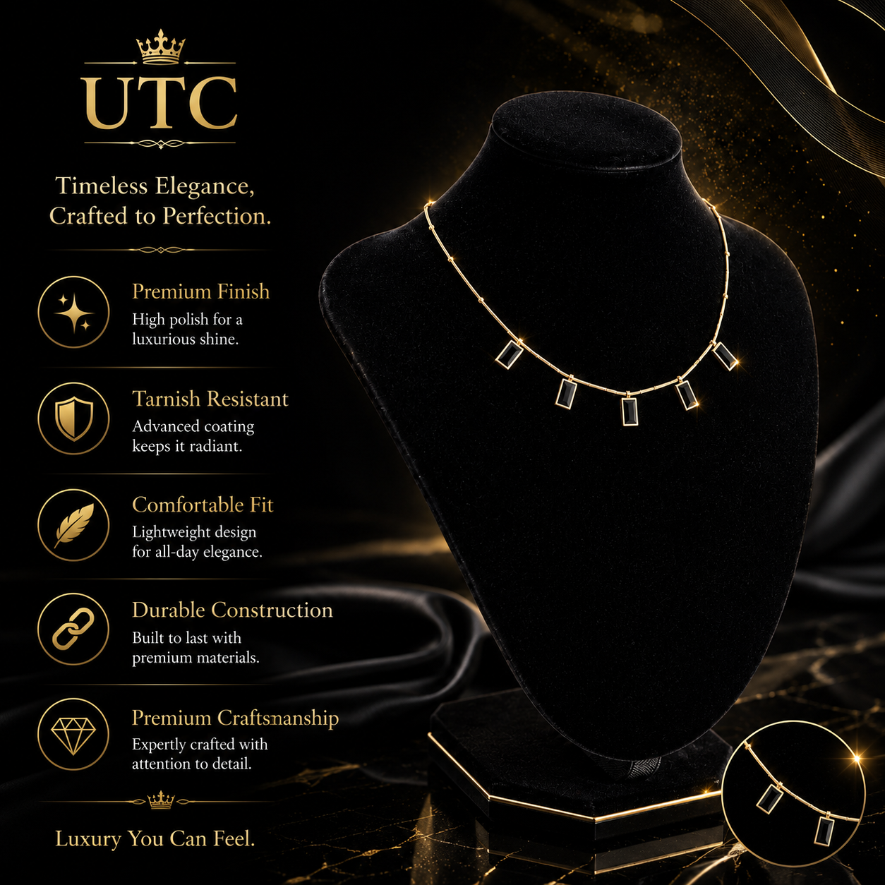 ✨ Black Crystal Gold Charm Necklace | Elegant Luxury Pendant Necklace for Women | UTC Jewelry