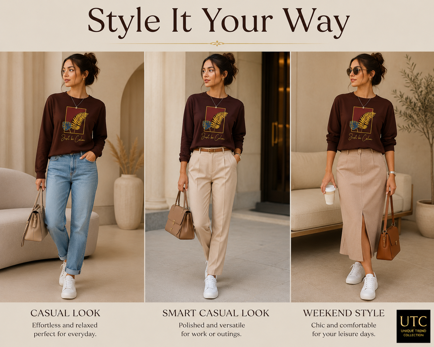 Formal Girl Women’s Oversized Chocolate Brown Long Sleeve Graphic T-Shirt – Just Be Calm