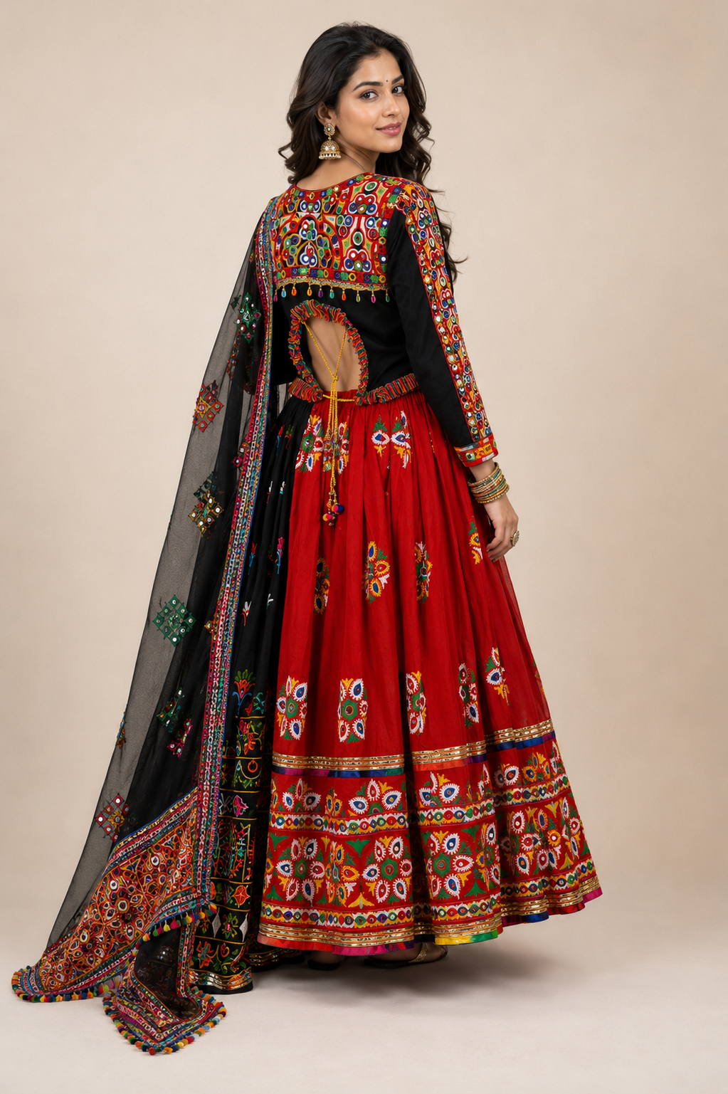 Women’s Red & Black Multicolour Navratri Garba Chaniya Choli Set – 3 Piece