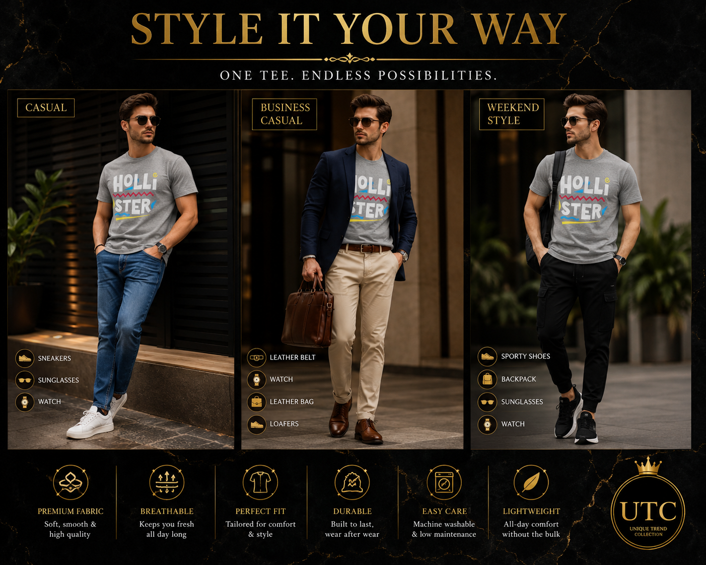🤍 Hollister Men's Premium Graphic T-Shirt 👕✨ | Soft Cotton Crew Neck | Casual Everyday Style | 100% Authentic