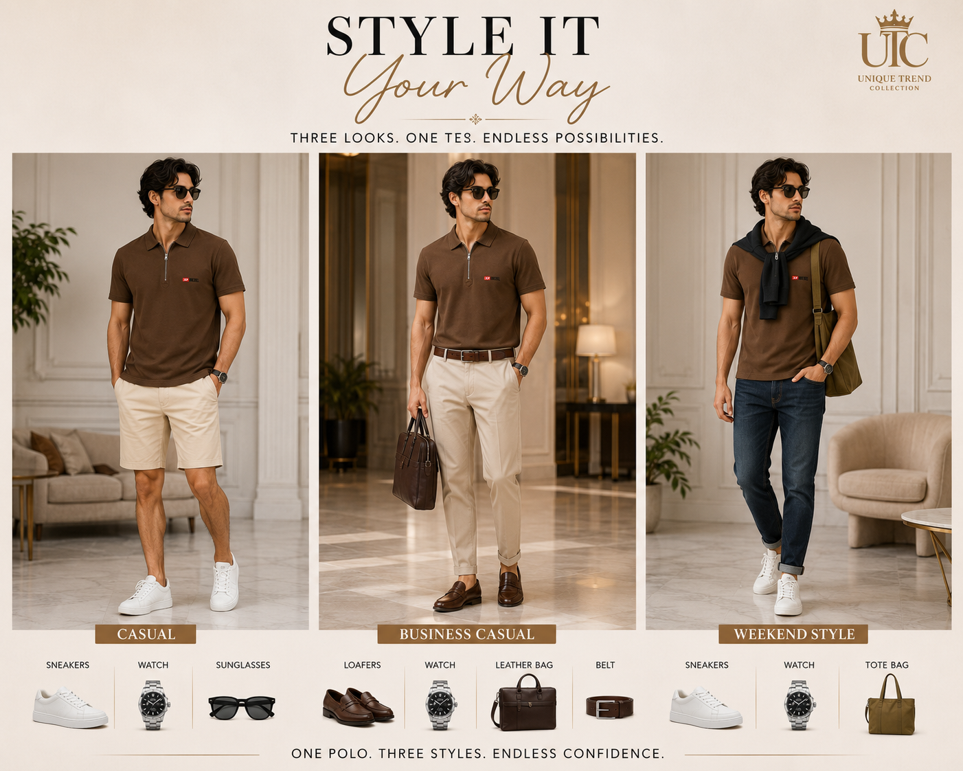 Premium Men's Coffee Brown Quarter-Zip Polo Shirt | Soft Cotton Blend Casual Polo