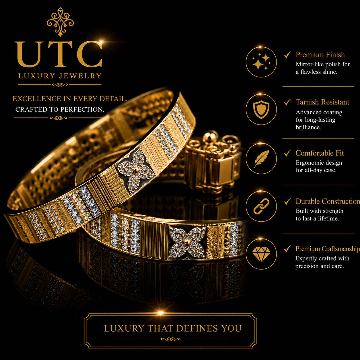 ✨ Traditional Indian Gold-Tone Designer Bangle Set | Floral Crystal Women's Kada (Pair)