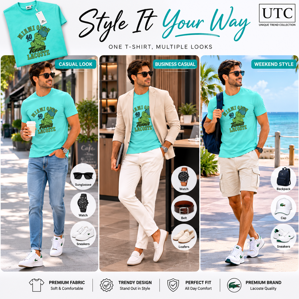 💚 Lacoste Men's Miami Open Graphic T-Shirt | Premium Cotton Crew Neck Tee 🎾