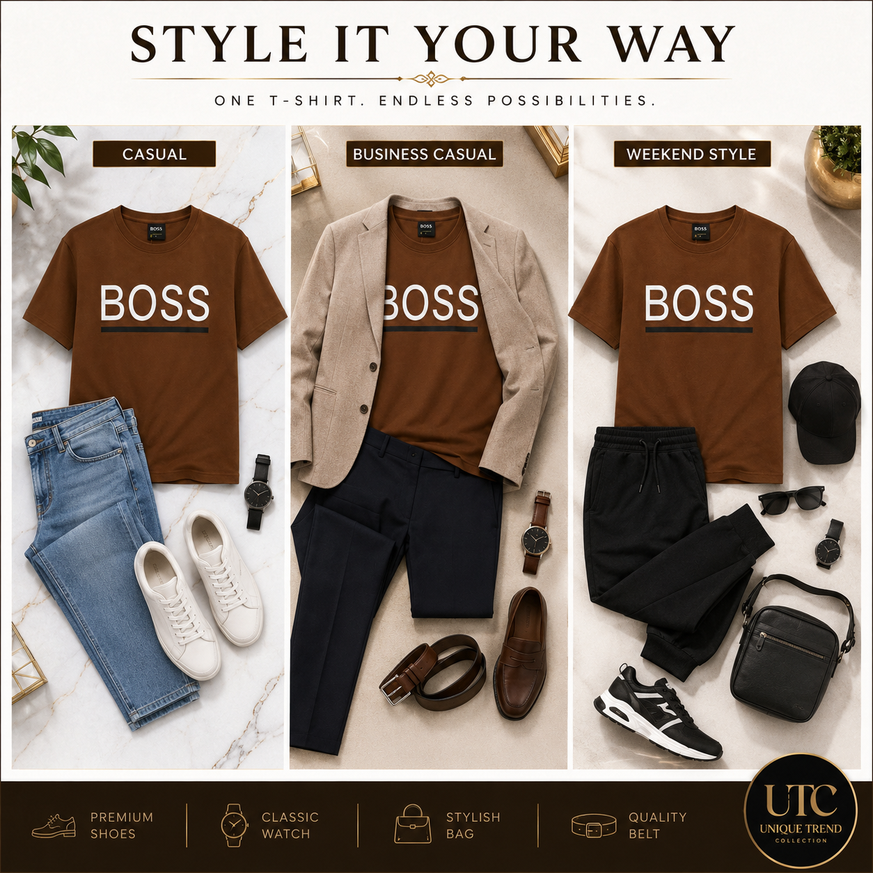 BOSS Men’s Brown Logo T-Shirt | Premium Short Sleeve Crew Neck Tee