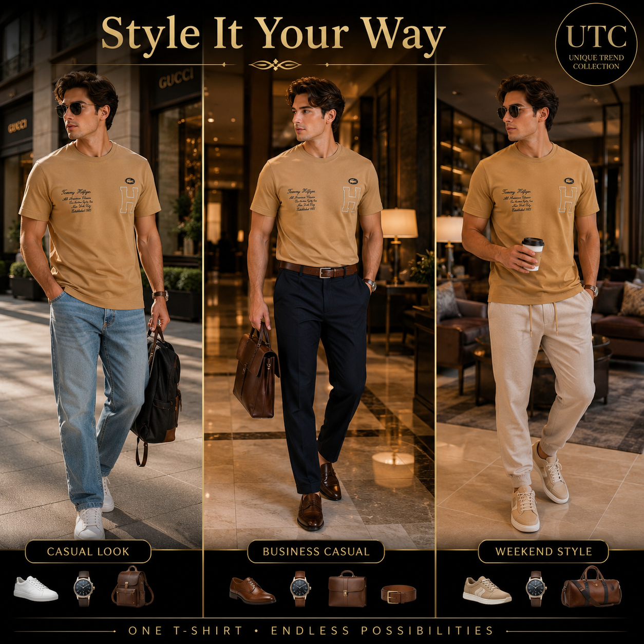 Tommy Hilfiger Men's Premium Camel Crew Neck T-Shirt | Short Sleeve Cotton Designer Tee