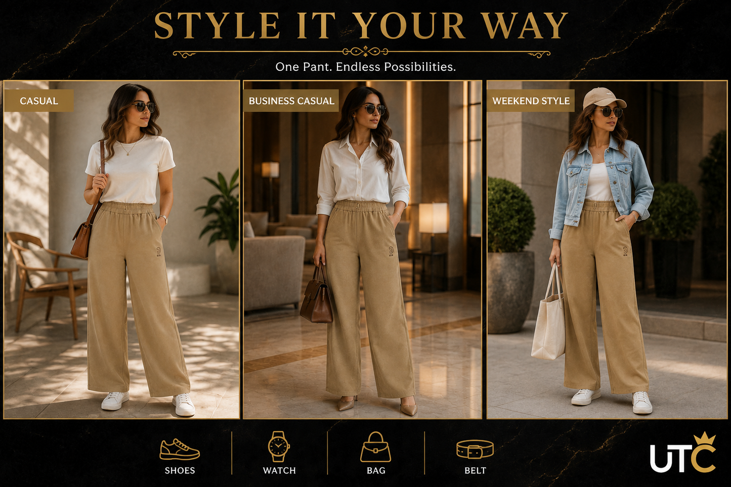 LIMORE Women's Beige Wide-Leg Pants – High-Waist Elastic Casual Trousers