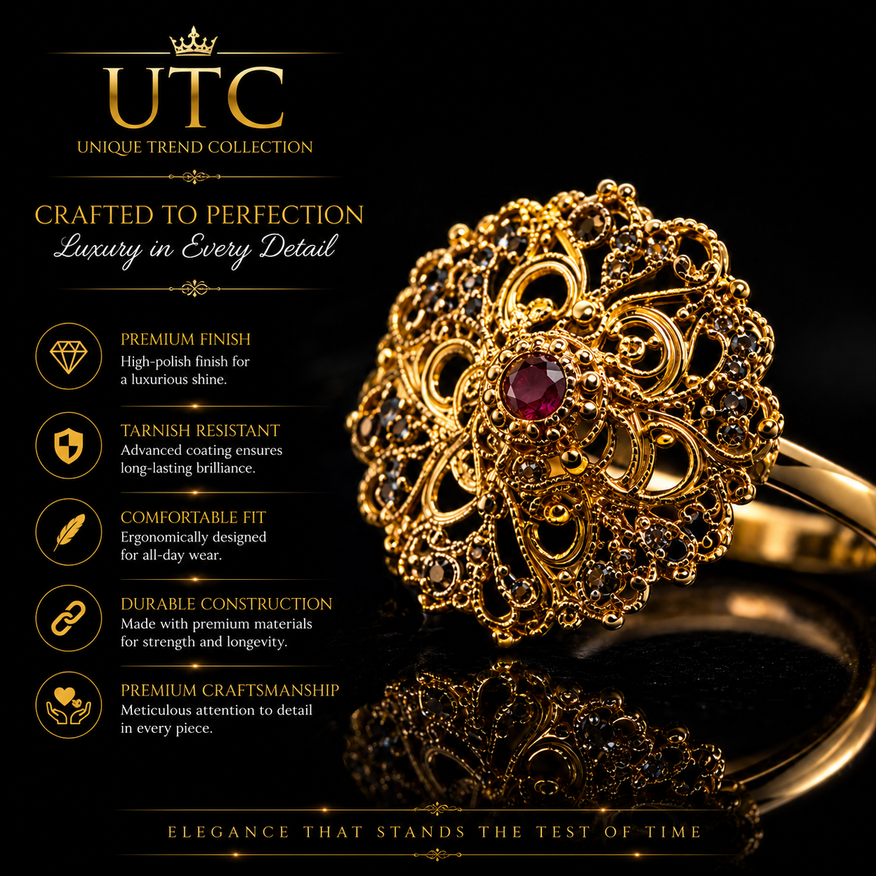 Traditional Indian Filigree Gold-Tone Floral Ring | Ruby Accent Statement Ring