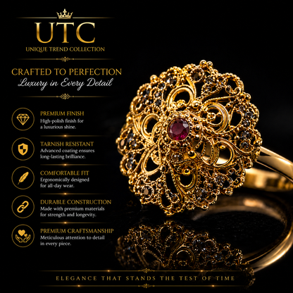 Traditional Indian Filigree Gold-Tone Floral Ring | Ruby Accent Statement Ring