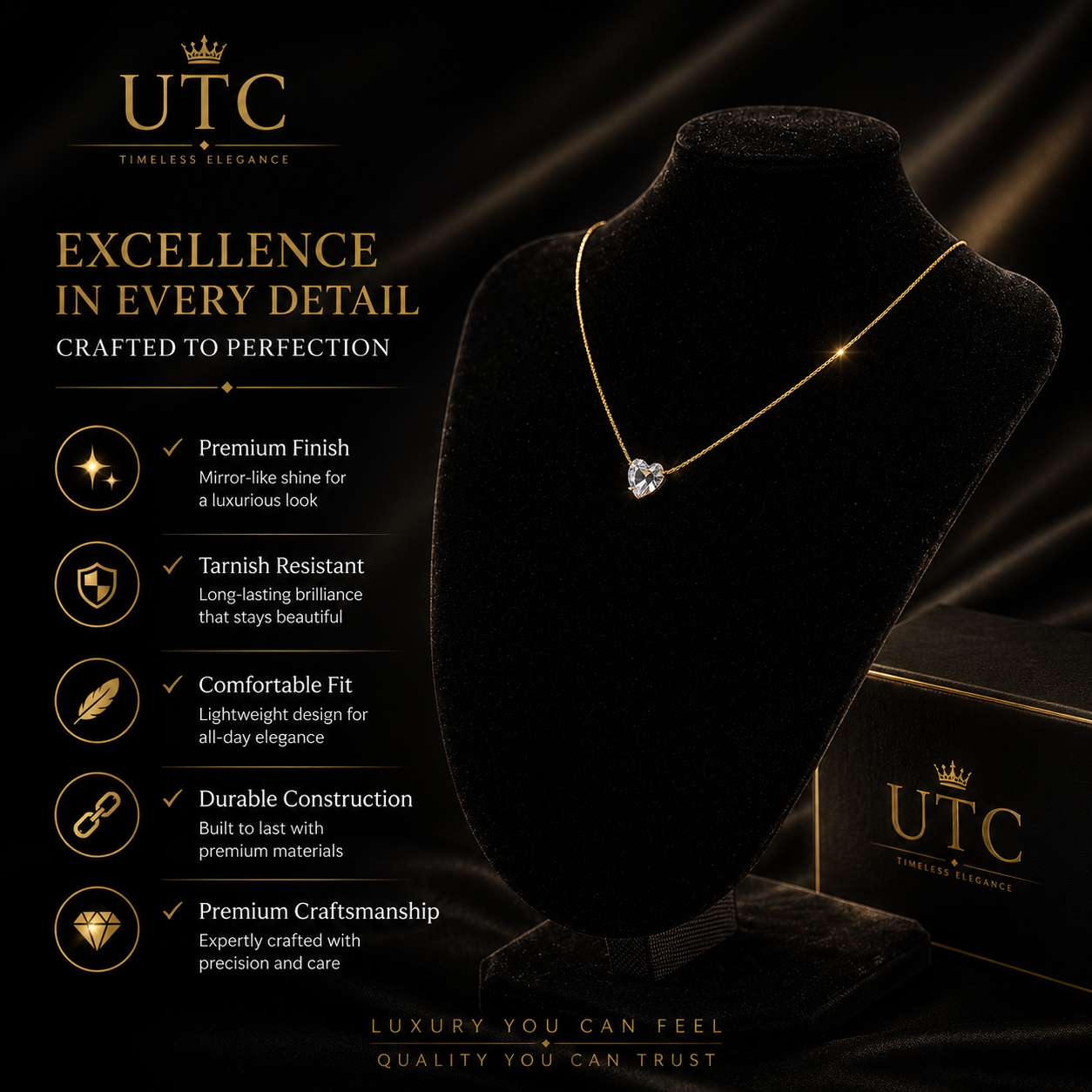 💎 UTC Luxury Heart Crystal Necklace for Women | Elegant Gold-Tone Pendant Jewelry ✨