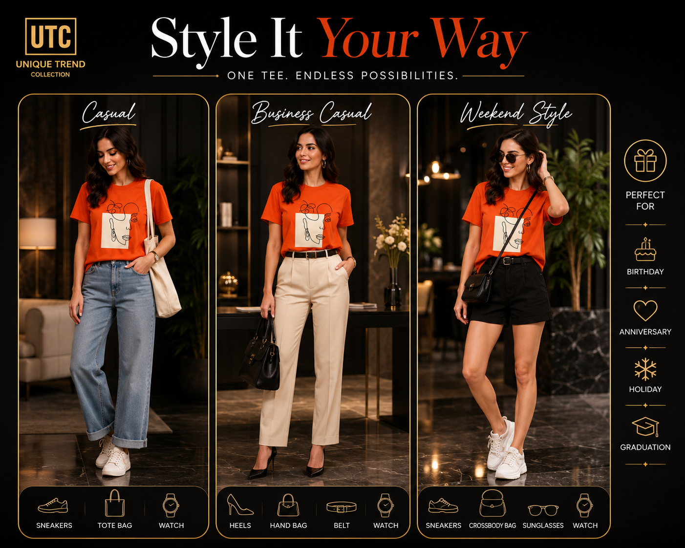 Formal Girl Women’s Orange Graphic T-Shirt – Abstract Face Print Crew Neck Tee