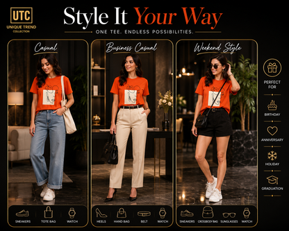 Formal Girl Women’s Orange Graphic T-Shirt – Abstract Face Print Crew Neck Tee