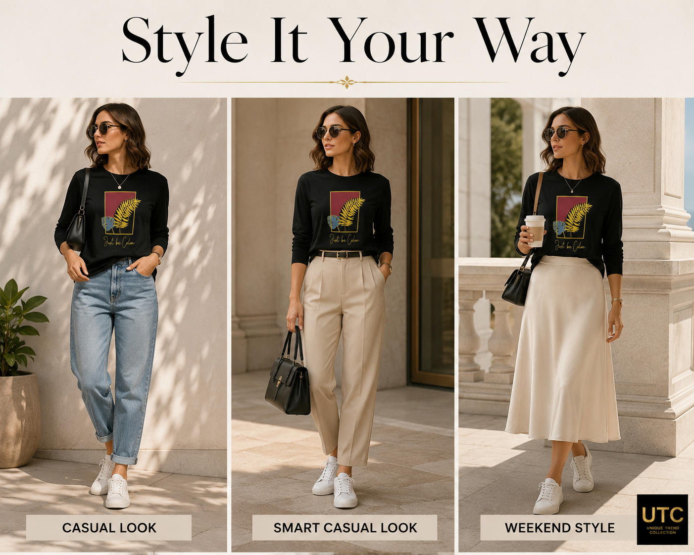 Women’s Premium Black “Just Be Calm” Graphic Long-Sleeve T-Shirt | Botanical Casual Top