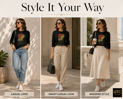 Women’s Premium Black “Just Be Calm” Graphic Long-Sleeve T-Shirt | Botanical Casual Top