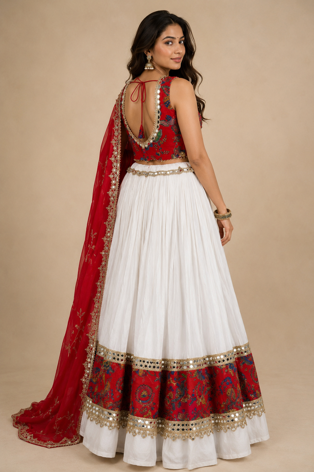 Women’s Red & White Navratri Lehenga Choli Set with Red Dupatta – 3 Piece