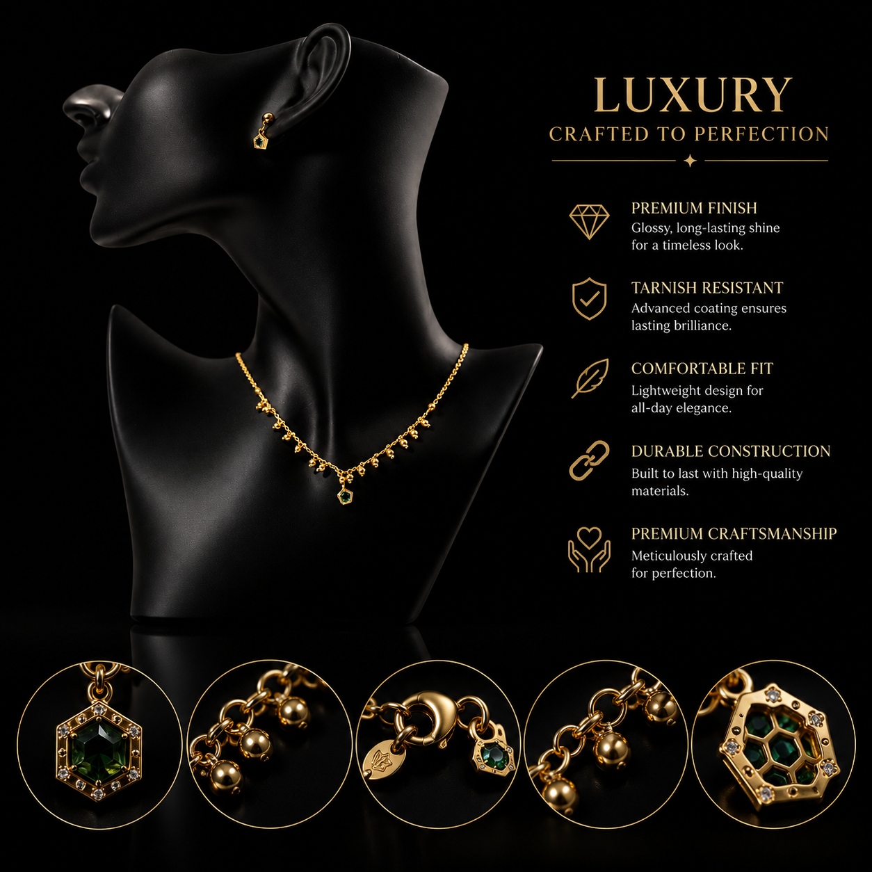 💚 Luxury Gold Green Crystal Necklace & Earrings Set for Women | Elegant Jewelry Gift ✨