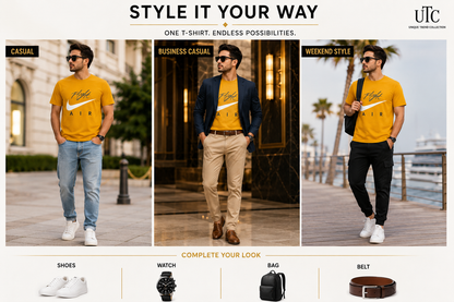 Premium Men's Golden Yellow Cotton Graphic T-Shirt | Soft Crew Neck Casual Tee