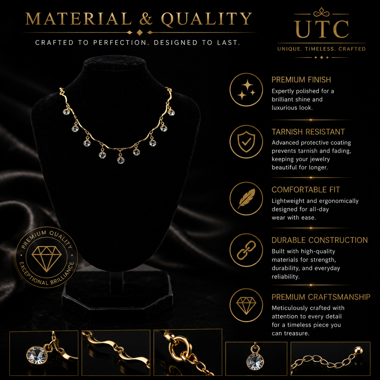 ✨ UTC Luxury Crystal Drop Necklace for Women | Elegant Gold-Tone Adjustable Jewelry ✨