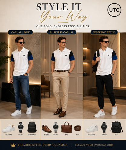 🏆 Premium Men's Color Block Polo Shirt 👕 | Soft Cotton Blend | Modern Smart Casual | White & Royal Blue