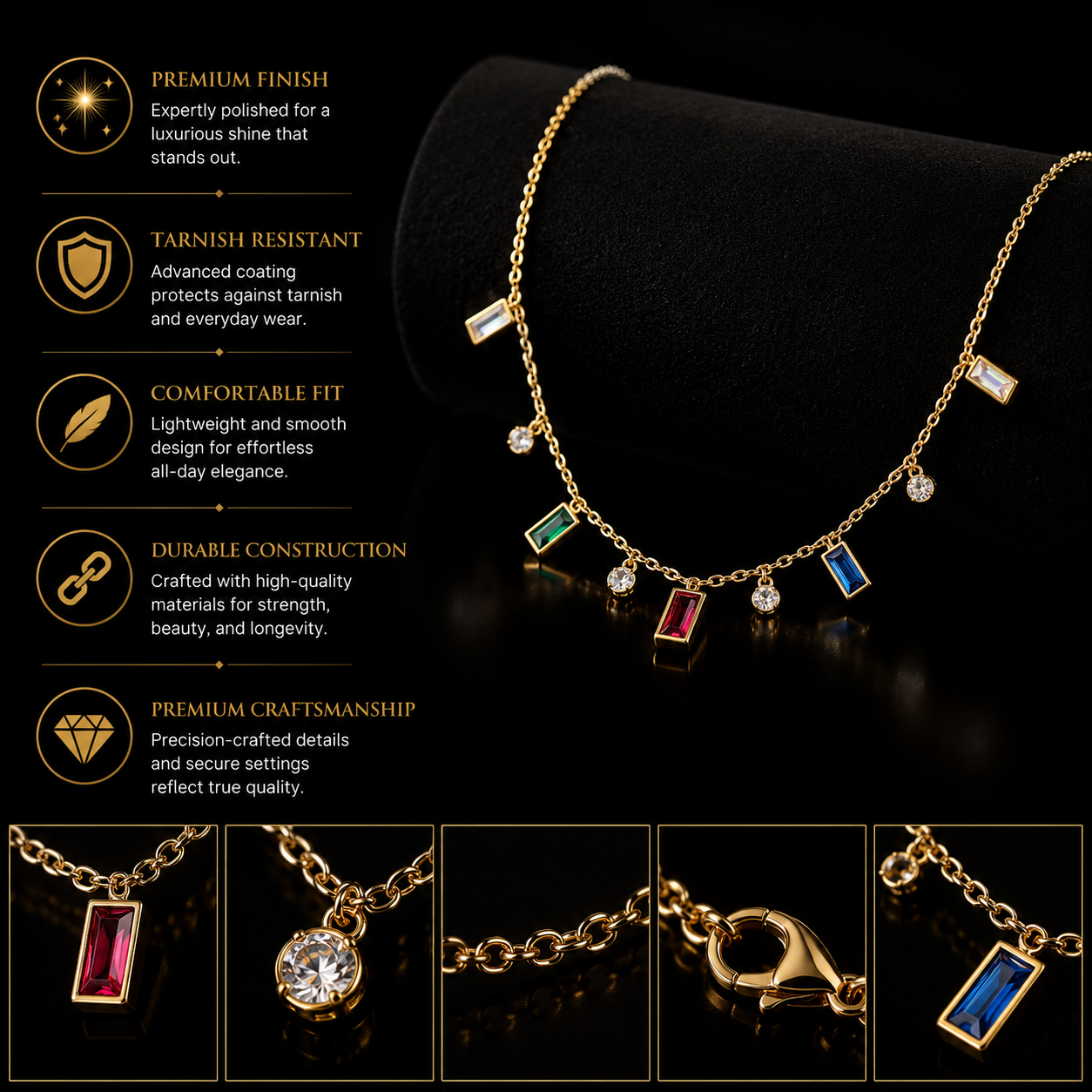 ✨ Luxury Multicolor Crystal Charm Necklace – Gold Plated Dainty Pendant Necklace for Women ✨