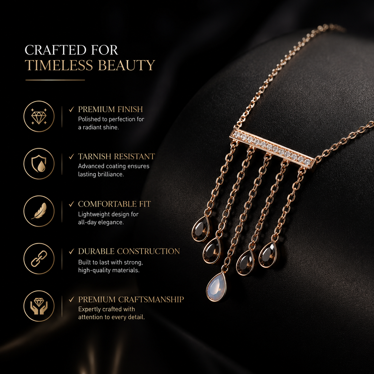 ✨ Rose Gold Moonstone Tassel Necklace – Elegant Crystal Pendant Jewelry for Women