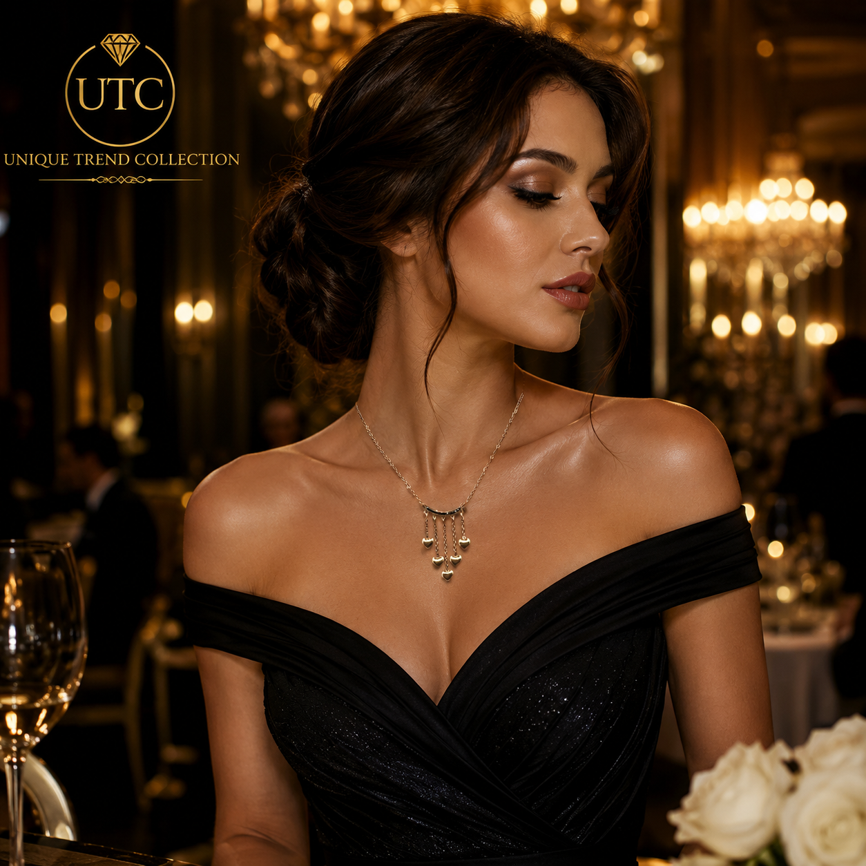 💖 UTC Luxury Heart Tassel Necklace for Women | Elegant Gold Crystal Pendant