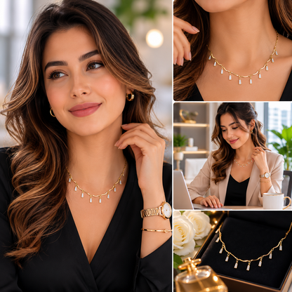 ✨ Gold Crystal Dangle Charm Necklace – Elegant Luxury Fashion Jewelry for Women
