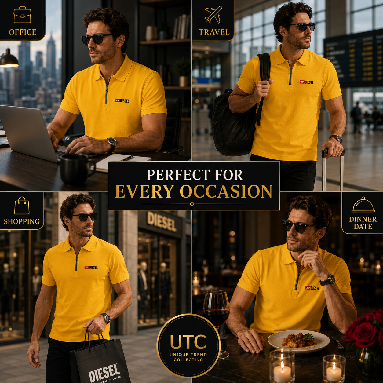 🔥 Diesel Men's Premium Yellow Zip Polo Shirt | Luxury Cotton Casual Golf Polo 👕💛
