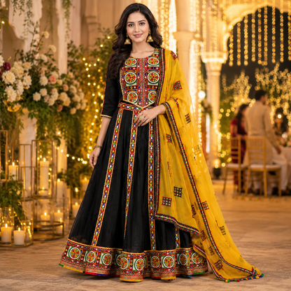 Women’s Black & Yellow Embroidered Chaniya Choli Set – Navratri Garba Lehenga