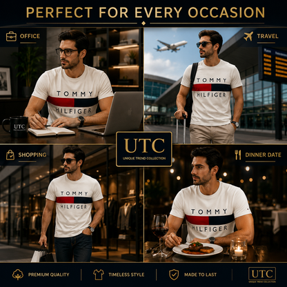 🤍 Tommy Hilfiger Men's Flag Logo T-Shirt | White Premium Cotton Crew Neck