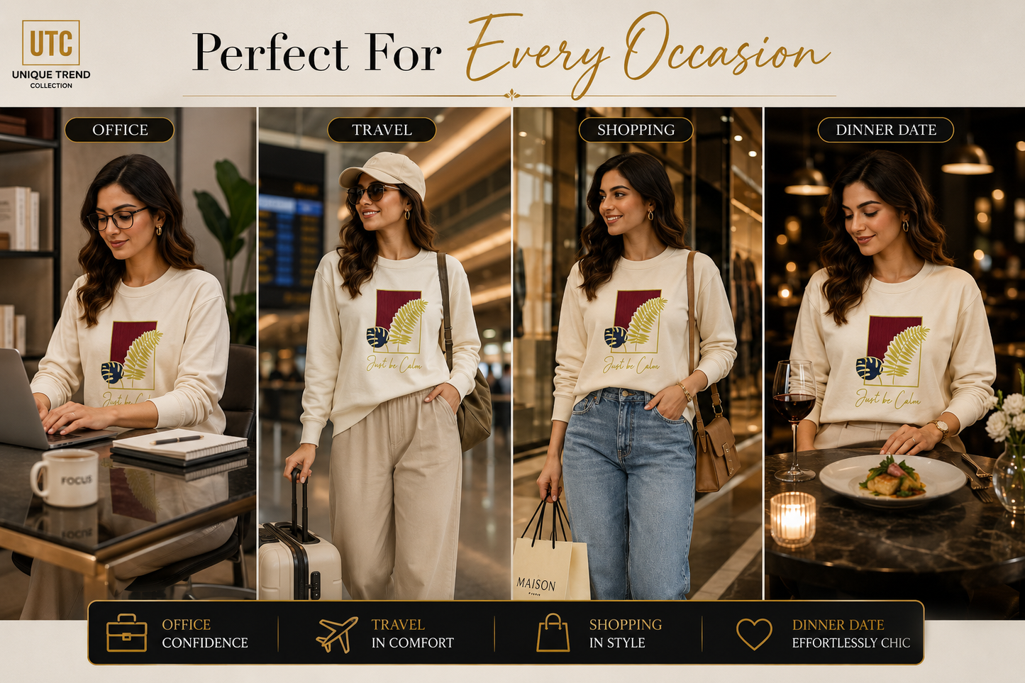 Formal Girl Women’s Cream Long Sleeve Graphic T-Shirt – Just Be Calm Casual Top