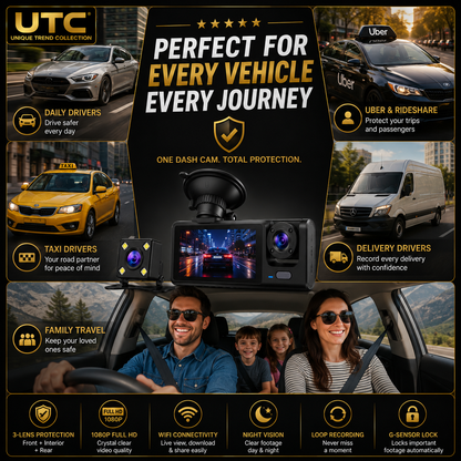 4G WiFi GPS 3-Channel Dash Cam | Front + Cabin + Rear | FREE 32GB Memory Card | Full HD 1080P