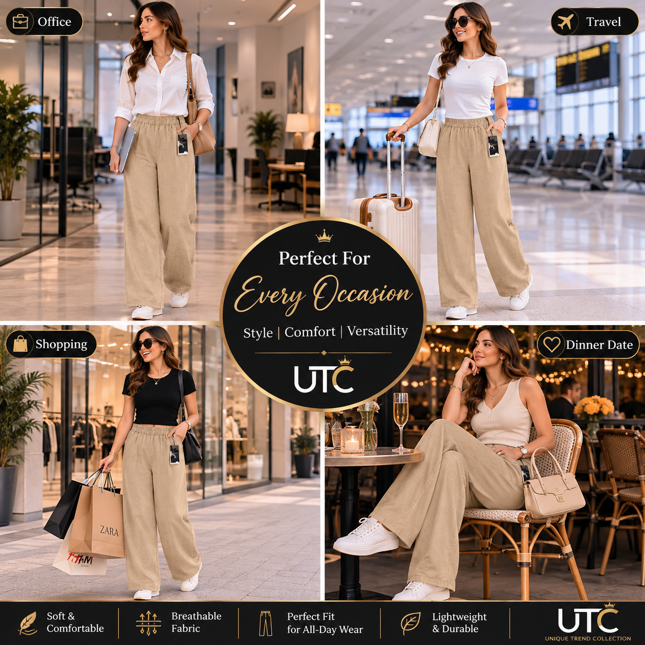 LIMORE Women’s Beige Wide-Leg Palazzo Pants | Elastic Waist