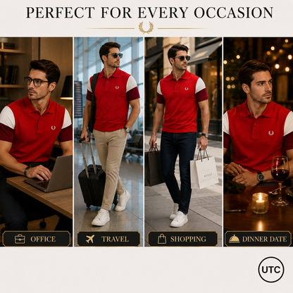 Premium Men's Color Block Polo Shirt | Soft Cotton Blend | Modern Casual Golf Shirt | Red