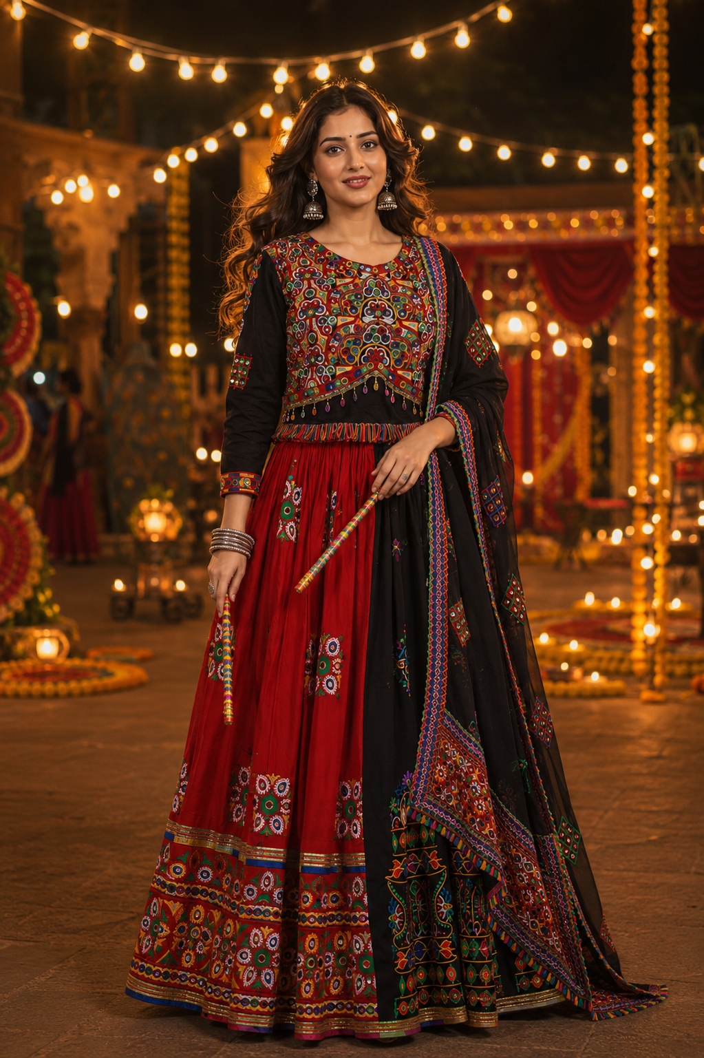 Women’s Red & Black Multicolour Navratri Garba Chaniya Choli Set – 3 Piece