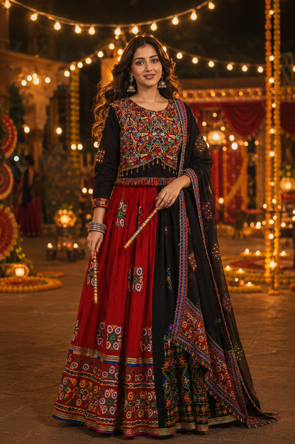 Women’s Red & Black Multicolour Navratri Garba Chaniya Choli Set – 3 Piece