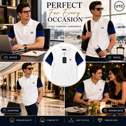 🏆 Premium Men's Color Block Polo Shirt 👕 | Soft Cotton Blend | Modern Smart Casual | White & Royal Blue