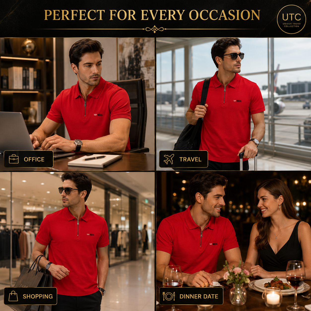 🔥 Diesel Men's Premium Red Quarter-Zip Polo Shirt | Luxury Cotton Casual Golf Polo ❤️👔
