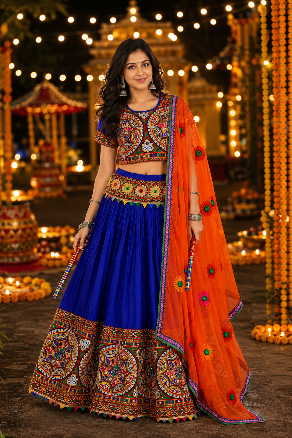 Women’s Royal Blue & Orange Navratri Garba Chaniya Choli Set – 3 Piece